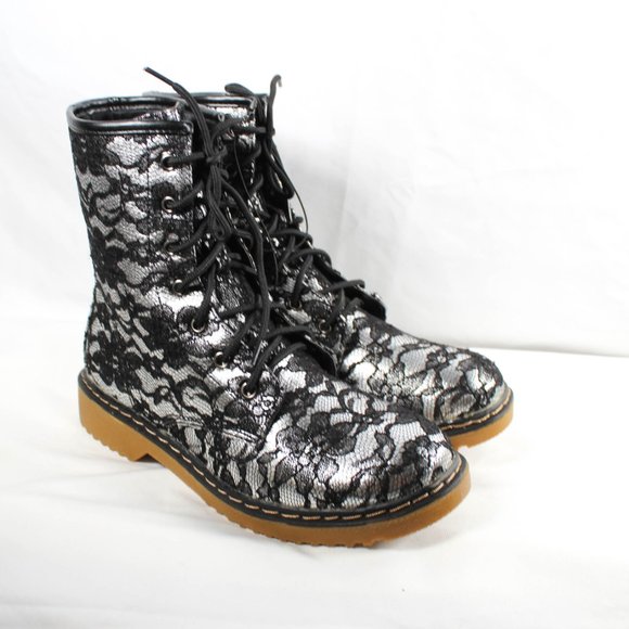 Rare Y2K Silver Metallic Foil Black Lace Combat Boots Size 10 - Picture 6 of 8
